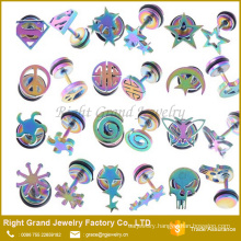 316L Surgical Steel Assorted Designs Rainbow Plated Stud Earrings Fake Plug Tunnel